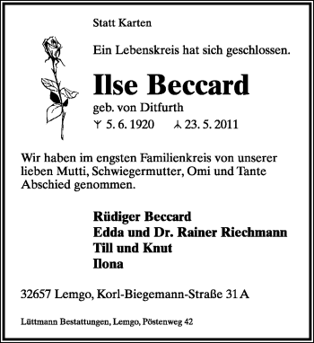 Anzeige  Ilse Beccard  Lippische Landes-Zeitung