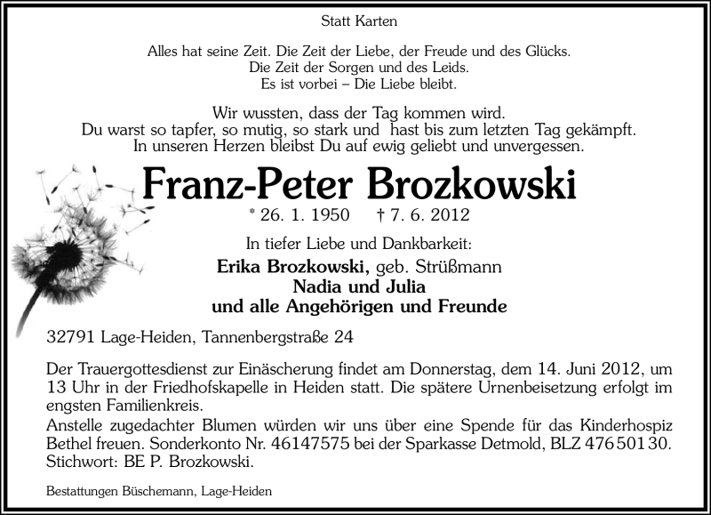  Traueranzeige für Franz-Peter Brozkowski vom 09.06.2012 aus Lippische Landes-Zeitung