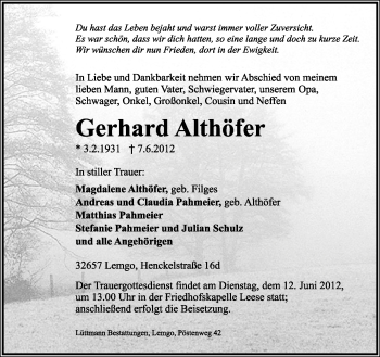 Anzeige  Gerhard Althöfer  Lippische Landes-Zeitung