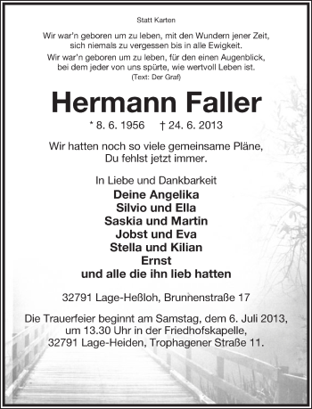 Anzeige  Hermann Faller  Lippische Landes-Zeitung