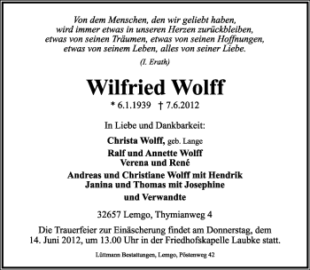 Anzeige  Wilfried Wolff  Lippische Landes-Zeitung