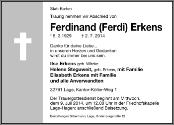 Anzeige  Ferdinand  Erkens  Lippische Landes-Zeitung