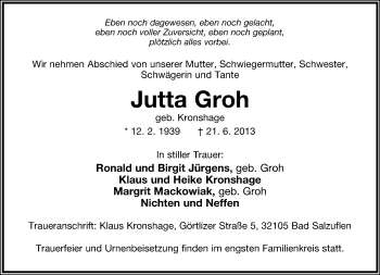 Anzeige  Jutta Groh  Lippische Landes-Zeitung