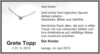 Anzeige  Grete Topp  Lippische Landes-Zeitung