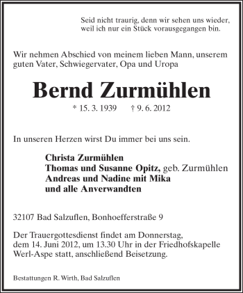 Anzeige  Bernd Zurmühlen  Lippische Landes-Zeitung