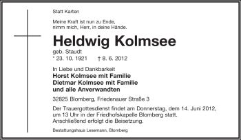 Anzeige  Hedwig Kolmsee  Lippische Landes-Zeitung