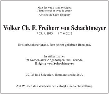 Anzeige  Volker Ch. F. Freiherr von Schachtmeyer  Lippische Landes-Zeitung