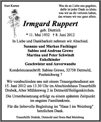 Anzeige  Irmgard Ruppert  Lippische Landes-Zeitung