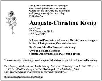 Anzeige  Auguste-Christine König  Lippische Landes-Zeitung