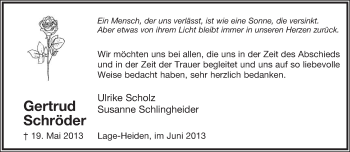 Anzeige  Gertrud Schröder  Lippische Landes-Zeitung