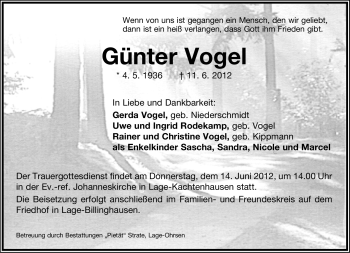 Anzeige  Günter Vogel  Lippische Landes-Zeitung