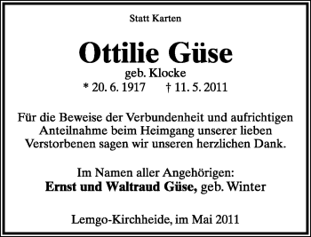 Anzeige  Ottilie Güse  Lippische Landes-Zeitung