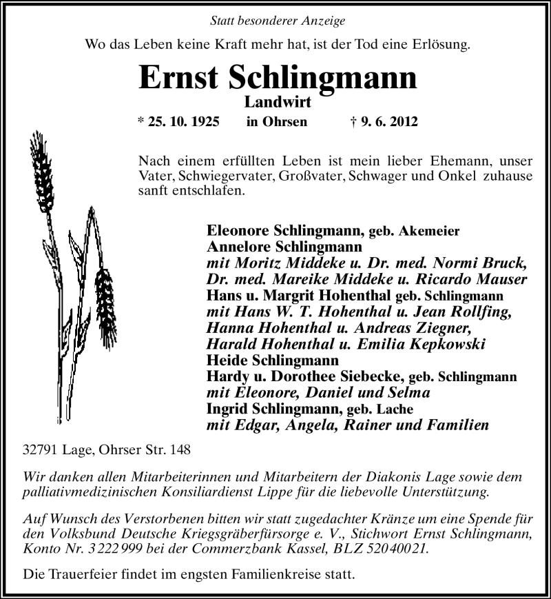  Traueranzeige für Ernst Schlingmann vom 12.06.2012 aus Lippische Landes-Zeitung