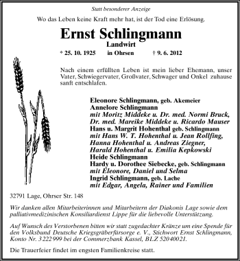 Anzeige  Ernst Schlingmann  Lippische Landes-Zeitung