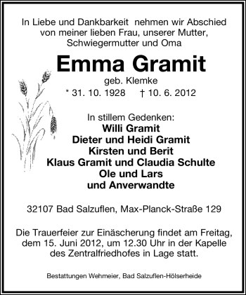 Anzeige  Emma Gramit  Lippische Landes-Zeitung