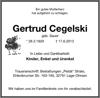 Anzeige  Gertrud Cegelski  Lippische Landes-Zeitung