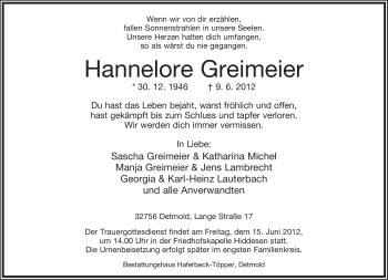 Anzeige  Hannelore Greimeier  Lippische Landes-Zeitung