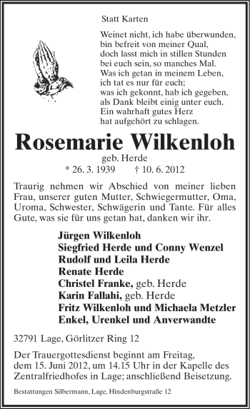 Anzeige  Rosemarie Wilkenloh  Lippische Landes-Zeitung