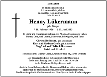 Anzeige  Henny Lükermann  Lippische Landes-Zeitung