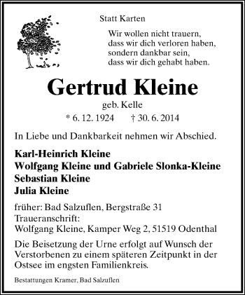 Anzeige  Gertrud Kleine  Lippische Landes-Zeitung