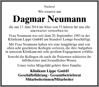 Anzeige  Dagmar Neumann  Lippische Landes-Zeitung