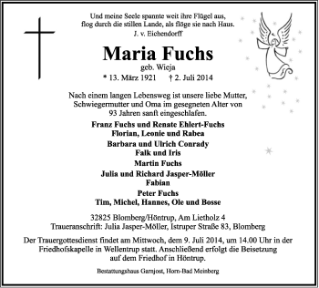Anzeige  Maria Fuchs  Lippische Landes-Zeitung
