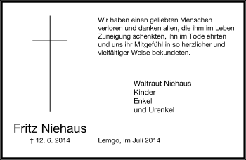 Anzeige  Fritz Niehaus  Lippische Landes-Zeitung