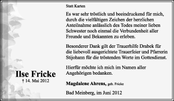 Anzeige  Ilse Fricke  Lippische Landes-Zeitung