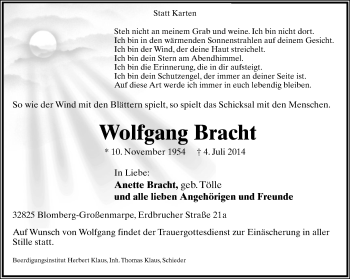 Anzeige  Wolfgang  Bracht  Lippische Landes-Zeitung