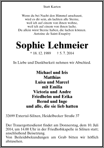 Anzeige  Sophie Lehmeier  Lippische Landes-Zeitung