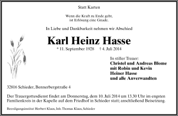 Anzeige  Karl Heinz Hasse  Lippische Landes-Zeitung