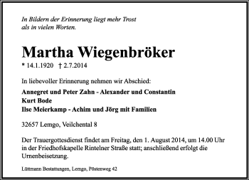 Anzeige  Martha  Wiegenbröker  Lippische Landes-Zeitung