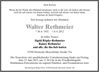 Anzeige  Walter Rethmeier  Lippische Landes-Zeitung
