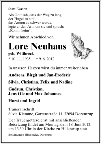 Anzeige  Lore Neuhaus  Lippische Landes-Zeitung
