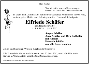Anzeige  Elfriede Schäfer  Lippische Landes-Zeitung