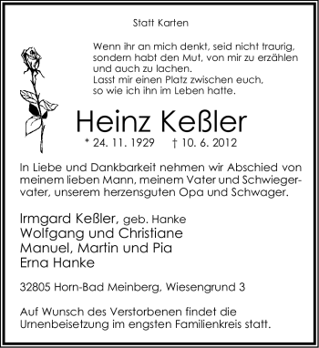 Anzeige  Heinz Keßler  Lippische Landes-Zeitung