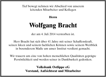 Anzeige  Wolfgang  Bracht  Lippische Landes-Zeitung