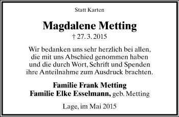 Anzeige  Magdalene Metting  Lippische Landes-Zeitung