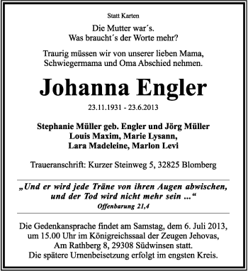 Anzeige  Johanna Engler  Lippische Landes-Zeitung