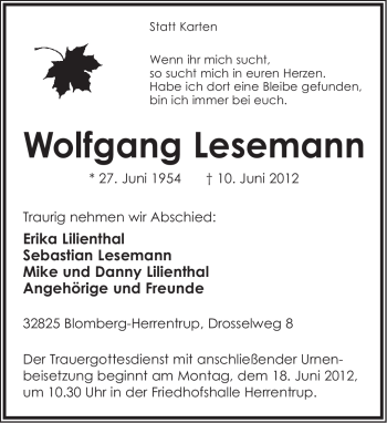 Anzeige  Wolfgang Lesemann  Lippische Landes-Zeitung