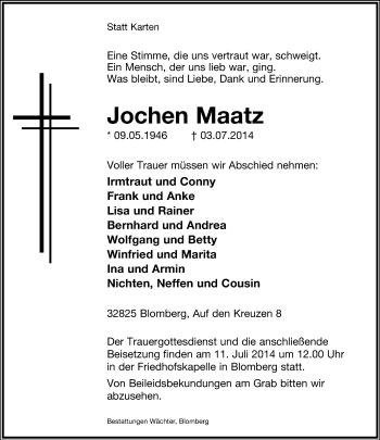 Anzeige  Jochen Maatz  Lippische Landes-Zeitung