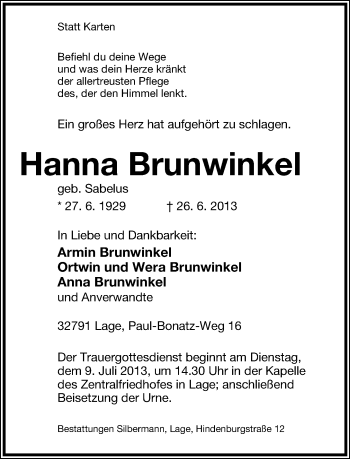 Anzeige  Hanna Brunwinkel  Lippische Landes-Zeitung