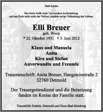 Anzeige  Elli Breuer  Lippische Landes-Zeitung