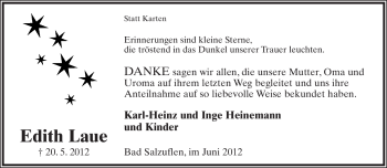 Anzeige  Edith Laue  Lippische Landes-Zeitung