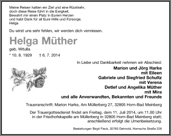 Anzeige  Helga Müther  Lippische Landes-Zeitung