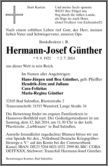 Anzeige  Hermann-Josef Günther  Lippische Landes-Zeitung