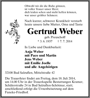 Anzeige  Gertrud Weber  Lippische Landes-Zeitung