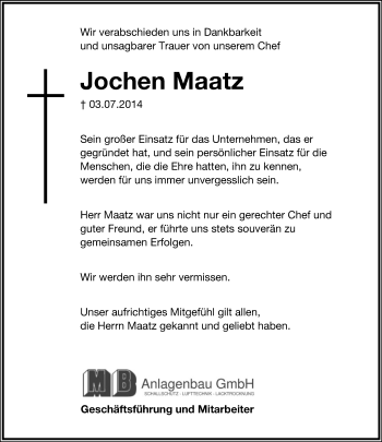 Anzeige  Jochen Maatz  Lippische Landes-Zeitung
