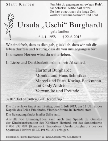 Anzeige  Ursula Burghardt  Lippische Landes-Zeitung