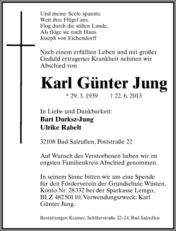 Anzeige  Karl Günter  Jung  Lippische Landes-Zeitung